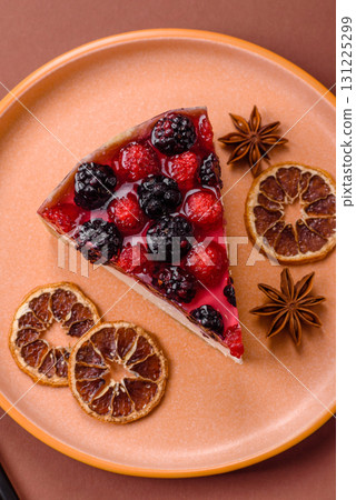 Pie, cheesecake with raspberries and blackberries, mascarpone cheese. Piece of cheesecake Pie, cheesecake with raspberries and blackberries, mascarpone cheese. Piece of cheesecake 131225299