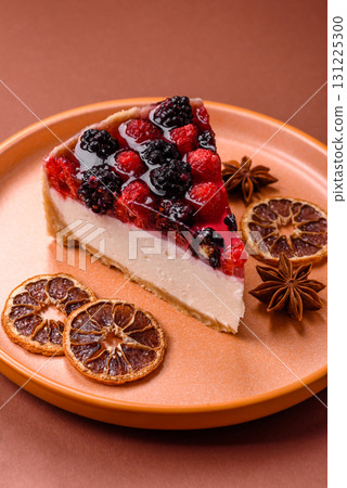 Pie, cheesecake with raspberries and blackberries, mascarpone cheese. Piece of cheesecake Pie, cheesecake with raspberries and blackberries, mascarpone cheese. Piece of cheesecake 131225300