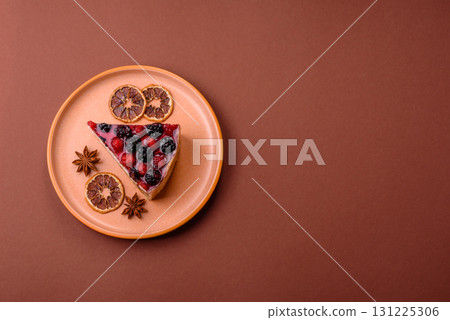 Pie, cheesecake with raspberries and blackberries, mascarpone cheese. Piece of cheesecake Pie, cheesecake with raspberries and blackberries, mascarpone cheese. Piece of cheesecake 131225306
