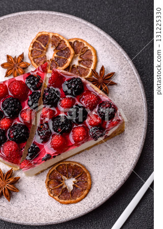 Pie, cheesecake with raspberries and blackberries, mascarpone cheese. Piece of cheesecake Pie, cheesecake with raspberries and blackberries, mascarpone cheese. Piece of cheesecake 131225330