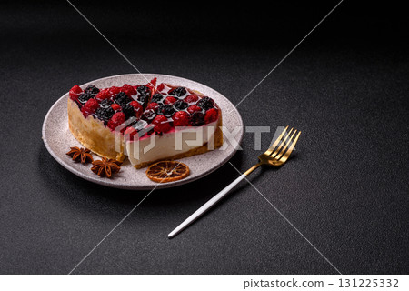 Pie, cheesecake with raspberries and blackberries, mascarpone cheese. Piece of cheesecake Pie, cheesecake with raspberries and blackberries, mascarpone cheese. Piece of cheesecake 131225332