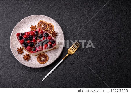 Pie, cheesecake with raspberries and blackberries, mascarpone cheese. Piece of cheesecake Pie, cheesecake with raspberries and blackberries, mascarpone cheese. Piece of cheesecake 131225333
