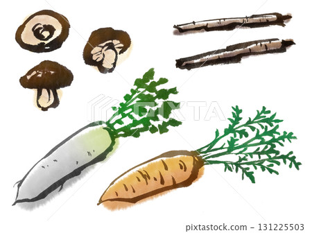 Ink painting of shiitake mushrooms, burdock, carrots and radishes 131225503