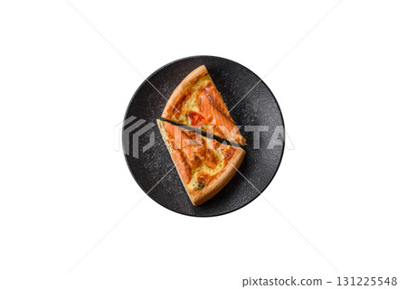 Quiche, salmon pie, broccoli, cheese. Quiche tart with fish and vegetables, cheese 131225548