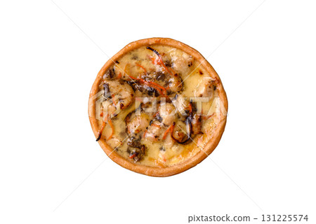 Pie or quiche, a sour tart with chicken and mushrooms, spices and herbs. Round quiche with chicken Pie or quiche, a sour tart with chicken and mushrooms, spices and herbs. Round quiche with chicken 131225574