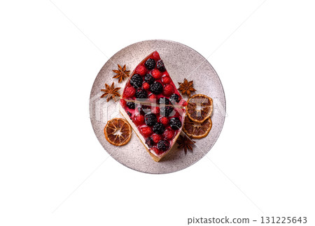 Pie, cheesecake with raspberries and blackberries, mascarpone cheese. Piece of cheesecake Pie, cheesecake with raspberries and blackberries, mascarpone cheese. Piece of cheesecake 131225643