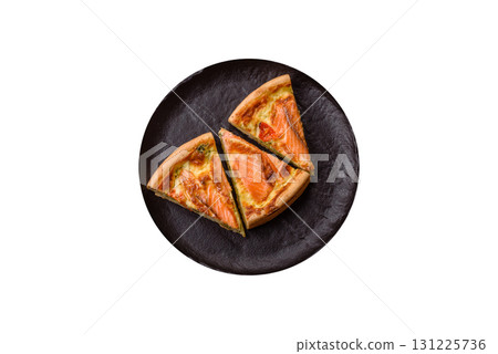 Quiche, salmon pie, broccoli, cheese. Quiche tart with fish and vegetables, cheese 131225736