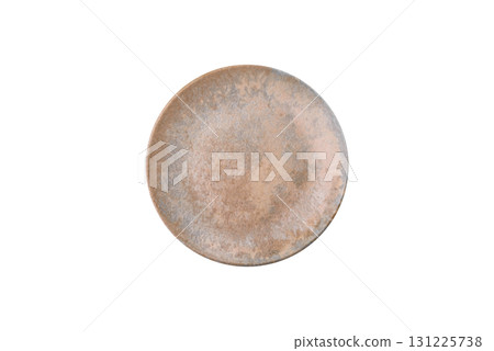Empty round black plate for food, kitchen utensils on dining table. Empty plate 131225738