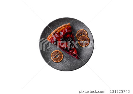 Pie, cheesecake with mascarpone, raspberries and blackberries. Cheesecake with cheese 131225743