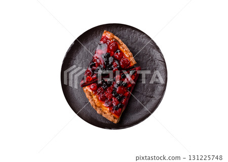 Pie, cheesecake with mascarpone, raspberries and blackberries. Cheesecake with cheese 131225748