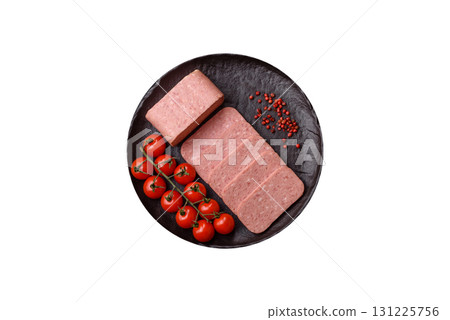 Food, meat, ham sliced in slices for the festive table. Spiced ham Food, meat, ham sliced in slices for the festive table. Spiced ham 131225756