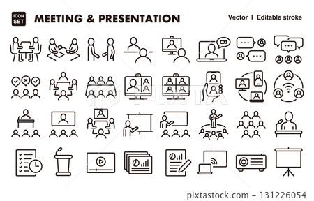 Meeting, conference, and presentation icon illustration set. EPS version can be edited to change line thickness, etc. 131226054