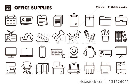 Office supplies and office supplies icon illustration set. EPS version can be edited to change line thickness, etc. 131226055