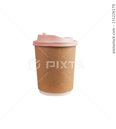 Single disposable coffee cup with brown paper sleeve and pink lid isolated on white background 131226179