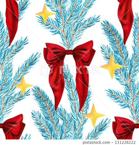 Seamless hand-drawn watercolor pattern with blue spruce branches and red bows on a white background. For Christmas and New Year textile and packaging design Seamless hand-drawn watercolor pattern with blue spruce branches and red bows on a white background. For Christmas and New Year textile and packaging design 131226222