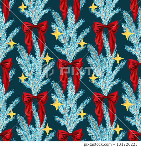 Seamless hand-drawn watercolor pattern with blue spruce branches and red bows on a dark blue background. For Christmas and New Year textile and packaging design Seamless hand-drawn watercolor pattern with blue spruce branches and red bows on a dark blue background. For Christmas and New Year textile and packaging design 131226223