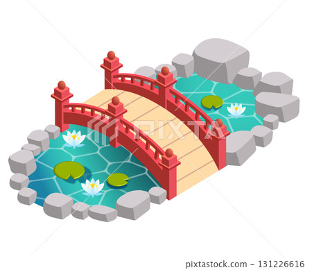 神社的橋樑和池塘的向量插圖 131226616