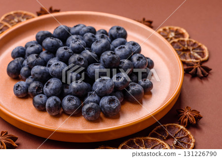 Fresh juicy blueberries, healthy vegan food with vitamins and minerals. Blueberries berry 131226790
