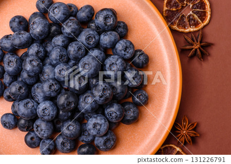 Fresh juicy blueberries, healthy vegan food with vitamins and minerals. Blueberries berry 131226791