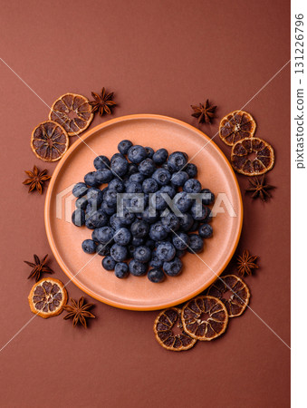 Fresh juicy blueberries, healthy vegan food with vitamins and minerals. Blueberries berry 131226796