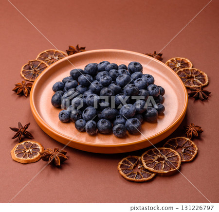 Fresh juicy blueberries, healthy vegan food with vitamins and minerals. Blueberries berry 131226797