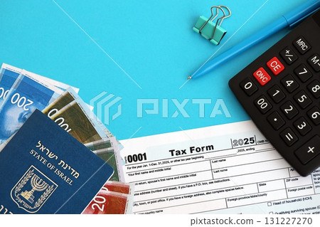 Israel new shekels money with passport and tax form on flag. The current Israel money and blank 131227270