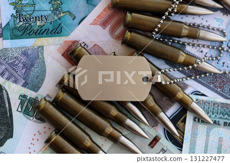 Egyptian pound currency money bills and rifle bullets with dogtag. The concept of warfare and army Egyptian pound currency money bills and rifle bullets with dogtag. The concept of warfare and army 131227477