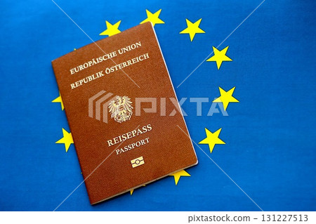 Austria passport on European union blue flag background. Citizenship in countries of Europe 131227513