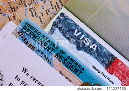 U.S. VISA United States of America. American Lottery Green Card Visa on USA map background 131227560