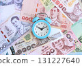 Thai baht currency money bills and alarm clock. The concept of time management and income 131227640
