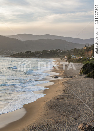 Sunset at Santana Beach view Golf at Sagone Corsica France beautyful sand Beach boats mountain village Tourism concept Sunset at Santana Beach view Golf at Sagone Corsica France beautyful sand Beach boats mountain village Tourism concept 131227805