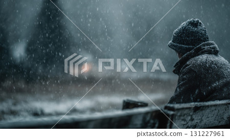 Seasonal depression. Person in winter coat and hat sits on bench in snowy landscape, creating serene and contemplative atmosphere 131227961
