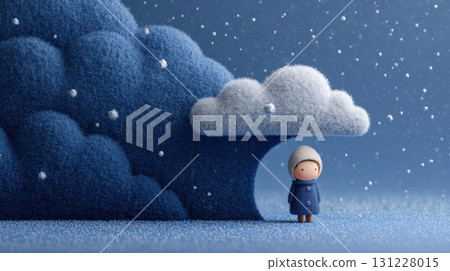 Seasonal depression. Small figure in blue coat stands under fluffy cloud with snowflakes gently falling 131228015