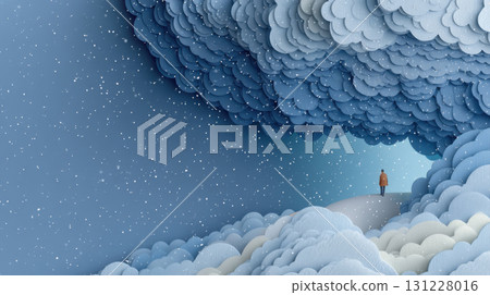 Seasonal depression. Person stands under whimsical, layered cloudscape with falling snow 131228016