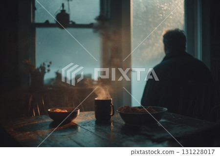 Seasonal depression. Cozy, dimly lit room with steaming mug and bowl on wooden table, while person gazes out rain speckled window 131228017
