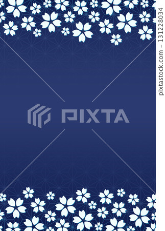 Gradient background illustration of hemp leaves with cherry blossom petals above and below 131228034