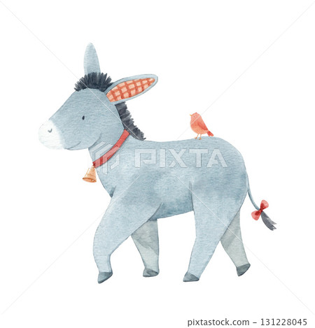 Watercolor donkey with goose, cute farm animals illustration for nursery prints, baby shower, kids posters and playful decor design. 131228045
