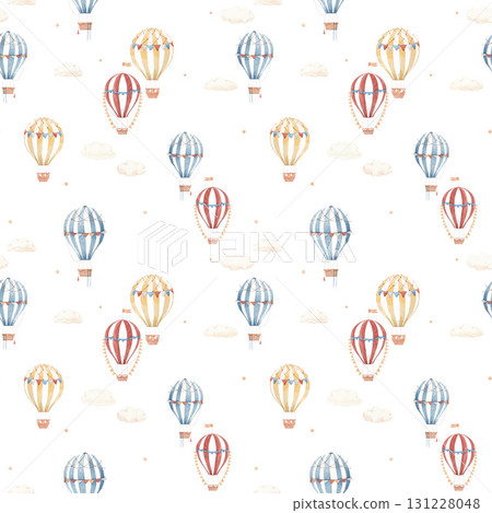 Cute watercolor seamless pattern with striped hot air balloons and soft clouds. Perfect for nursery wallpaper, kids room decor, textile design. 131228048