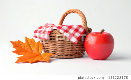 red apples and maple leaves in basket 131228178