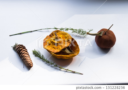 Dried pumpkin - container with a lid and a dried mandarin with a leaf, horsetail, and a spruce cone on a white background. Still life. Dried pumpkin - container with a lid and a dried mandarin with a leaf, horsetail, and a spruce cone on a white background. Still life. 131228236