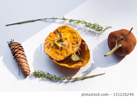 Dried pumpkin - container with a lid and a dried mandarin with a leaf, horsetail, and a spruce cone on a white background. Still life. 131228240