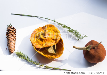 Dried pumpkin - container with a lid and a dried mandarin with a leaf, horsetail, and a spruce cone on a white background. Still life. 131228241