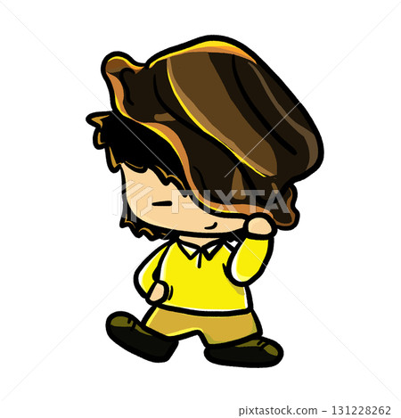 Boy holding large brown hat with dancing gesture cartoon illustration 131228262