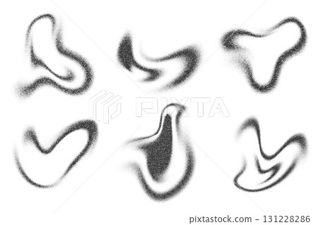 Grainy dotted gradient with pattern of noise texture. Wavy brushstrokes with dust effect. Vector set of stipple splashes and shadows. Fluid liquid halftone fades isolated on white background 131228286