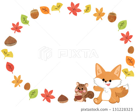 Round frame illustration of autumn leaves, foxes and squirrels Round frame illustration of autumn leaves, foxes and squirrels 131228323