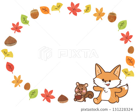Round frame illustration of autumn leaves, foxes and squirrels Round frame illustration of autumn leaves, foxes and squirrels 131228324