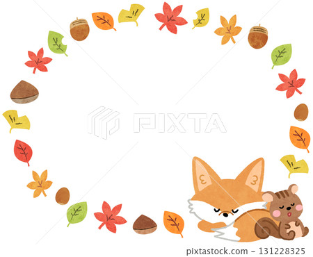 Round frame illustration of autumn leaves and a sleeping fox and squirrel 131228325