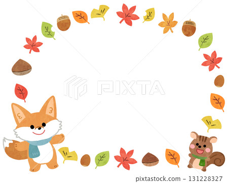 Autumn leaves and cute fox and squirrel frame illustration 131228327