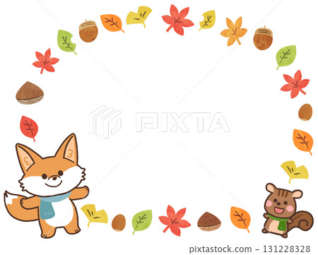 Autumn leaves and cute fox and squirrel frame illustration 131228328