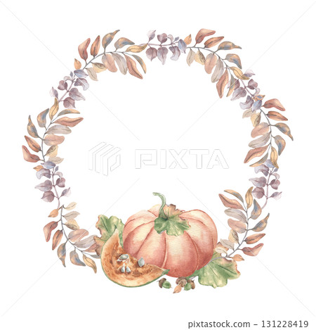 Soft pastel autumn wreath with branches and pumpkins isolated on white. delicate watercolor foliate twigs circle frame hand painted. Neutral rustic farm fresh seasonal produce artwork for print. Soft pastel autumn wreath with branches and pumpkins isolated on white. delicate watercolor foliate twigs circle frame hand painted. Neutral rustic farm fresh seasonal produce artwork for print. 131228419